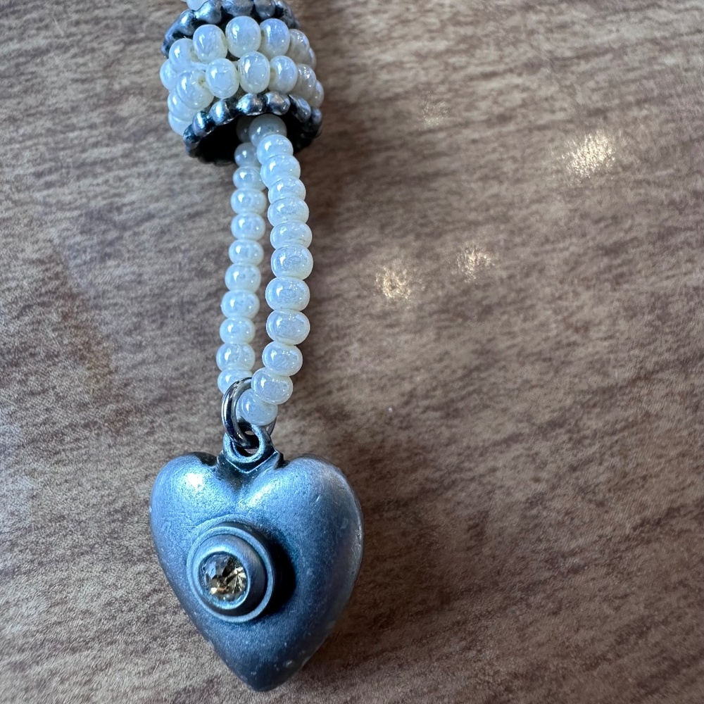 Vintage Marcy Feld Beaded Heart Necklace Silver Tone Crystal 90s Artisan
